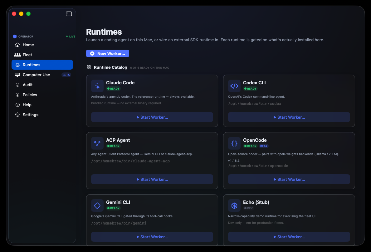 Operator runtimes on macOS: Claude Code, Codex, Gemini, Grok, OpenCode