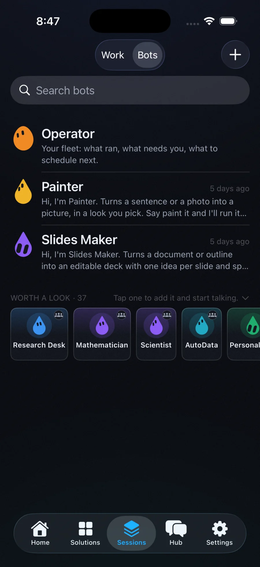 The Bots screen on iPhone